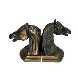 Vintage Brass Horse Head Bookends 6" Tall Heavy Beautiful Detail Felt Bottom